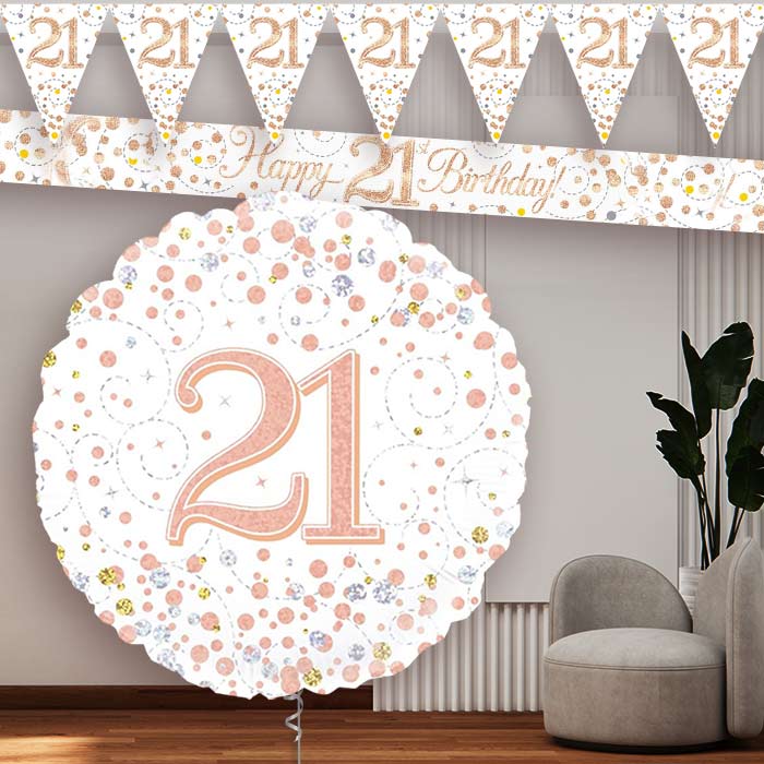 Rose Gold and White 21st Birthday Banners and Balloon