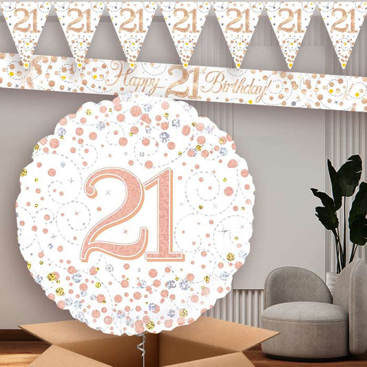 Rose Gold and White 21st Birthday Banners and Balloon | Party Save Smile