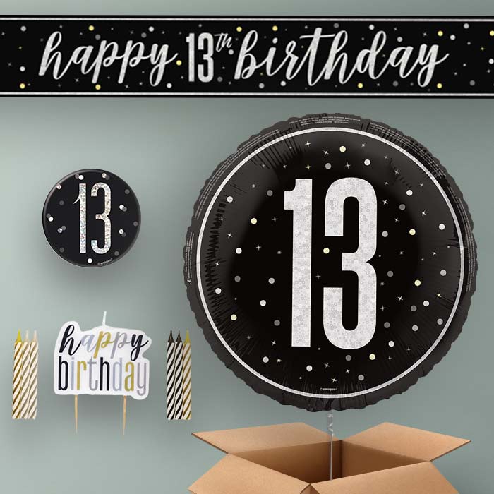 13th Birthday Helium Balloon & Decoration Package Black & Silver