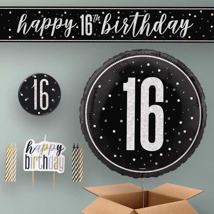 16th Birthday Helium Balloon & Decoration Package Black & Silver