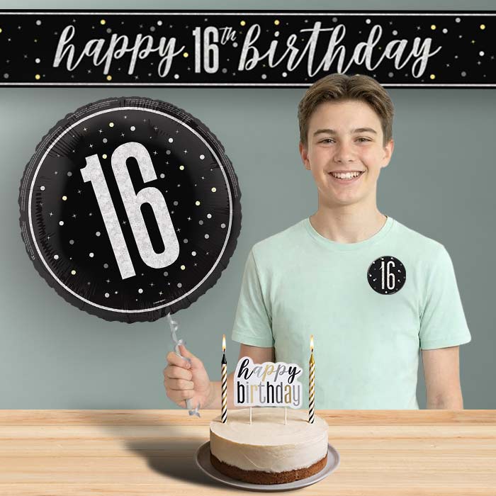 16th Birthday Helium Balloon & Decoration Package Black & Silver | Party Save Smile