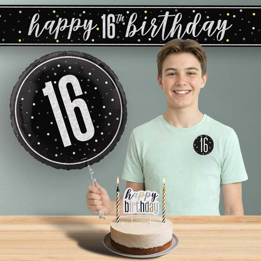 16th Birthday Helium Balloon & Decoration Package Black & Silver | Party Save Smile