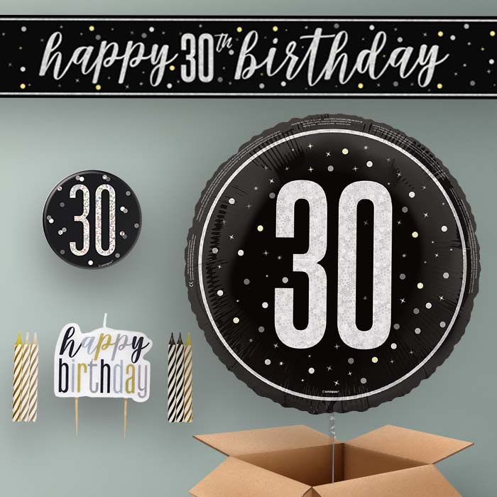 30th Birthday Helium Balloon & Decoration Package Black & Silver