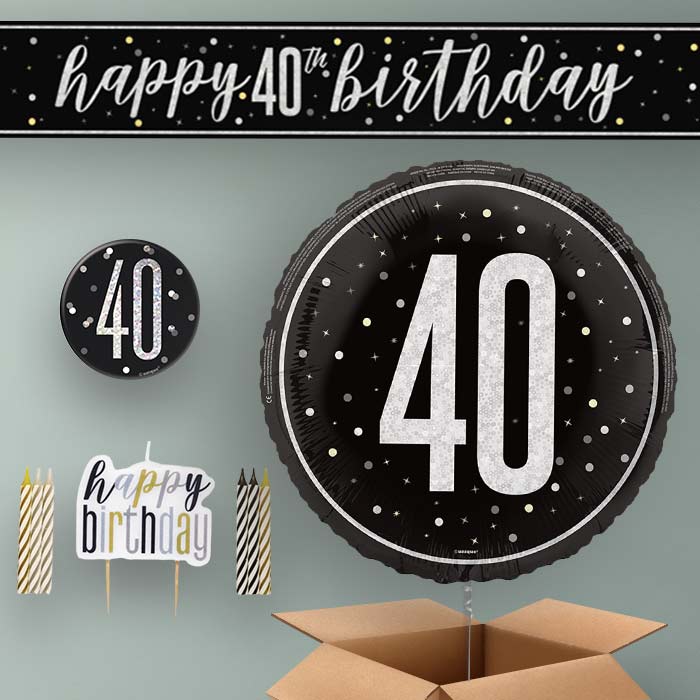 40th Birthday Helium Balloon & Decoration Package Black & Silver