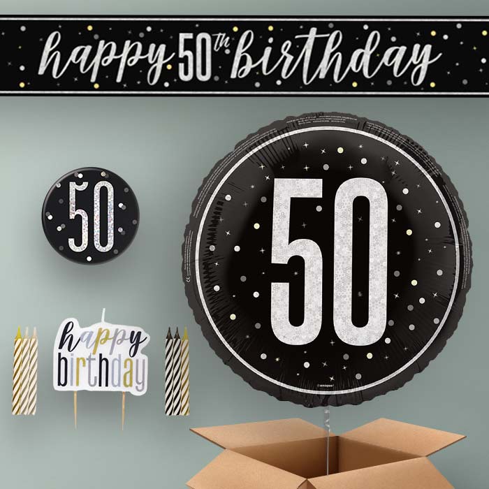 50th Birthday Helium Balloon & Decoration Package Black & Silver
