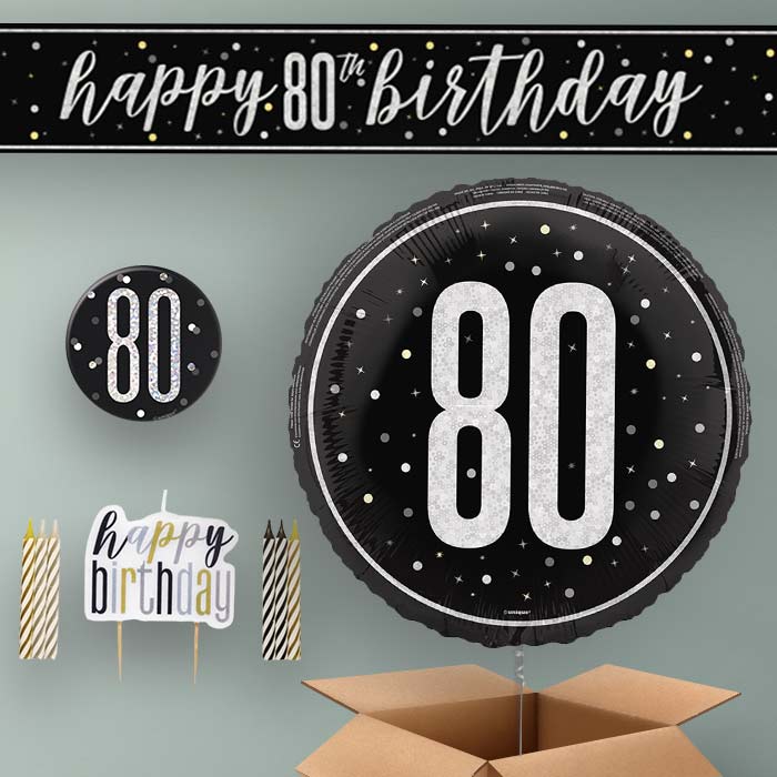 80th Birthday Helium Balloon & Decoration Package Black & Silver