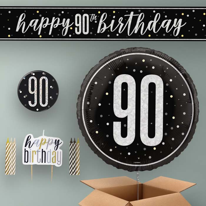 90th Birthday Helium Balloon & Decoration Package Black & Silver