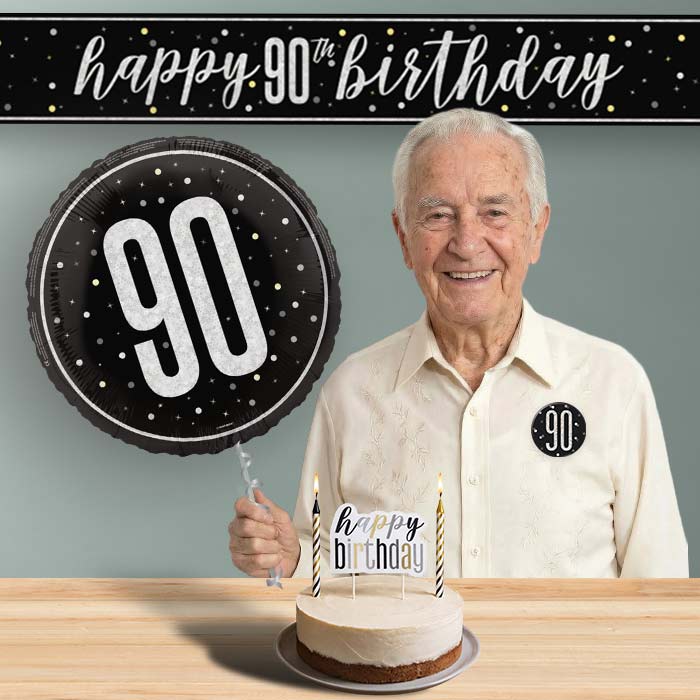 90th Birthday Helium Balloon & Decoration Package Black & Silver | Party Save Smile