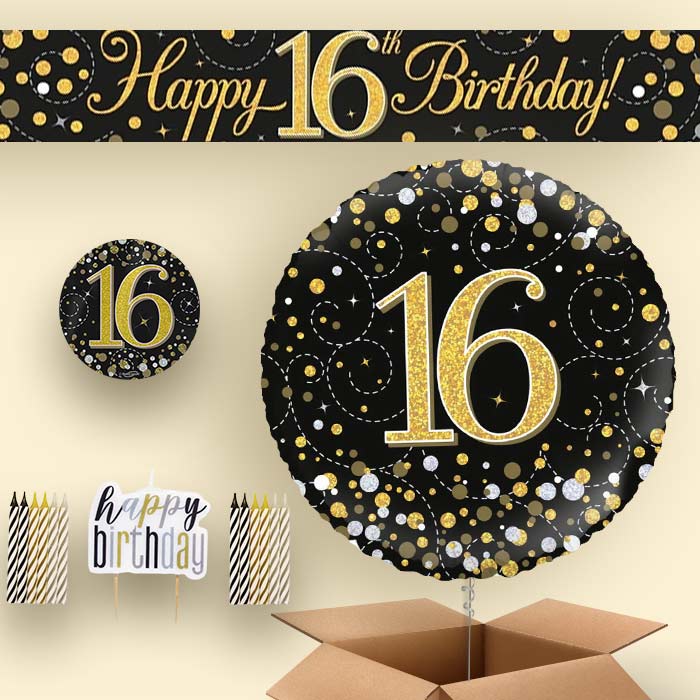 Black & Gold Helium Balloon and Decoration 16th Birthday Package