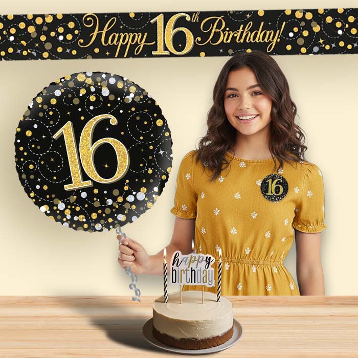 Black & Gold Helium Balloon and Decoration 16th Birthday Package | Party Save Smile