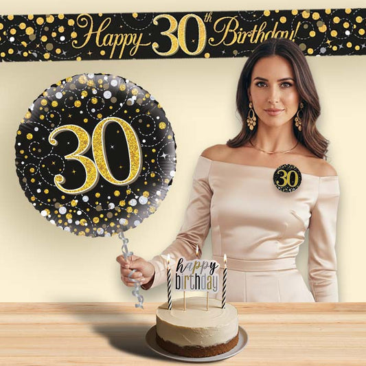 Black & Gold Helium Balloon and Decoration 30th Birthday Package | Party Save Smile