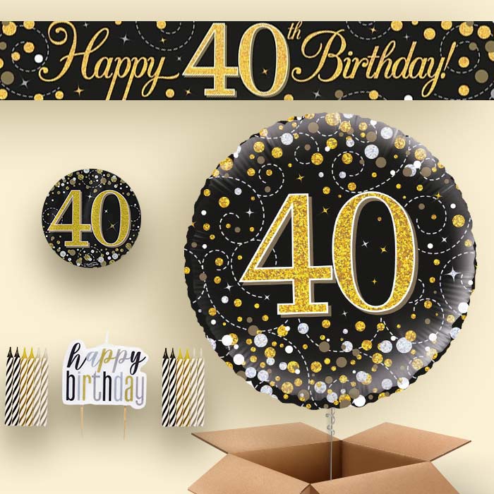 Black & Gold Helium Balloon and Decoration 40th Birthday Package