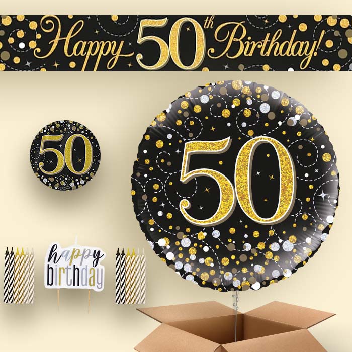 Black & Gold Helium Balloon and Decoration 50th Birthday Package
