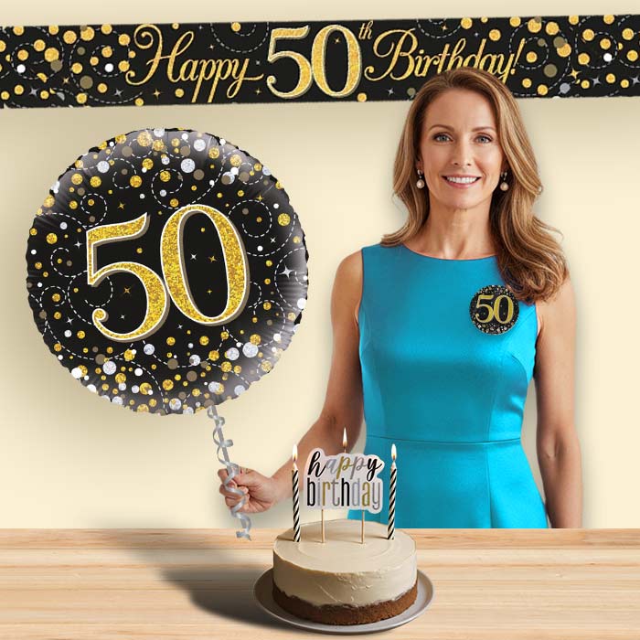Black & Gold Helium Balloon and Decoration 50th Birthday Package | Party Save Smile