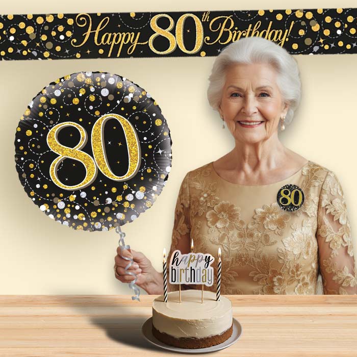 Black & Gold Helium Balloon and Decoration 80th Birthday Package | Party Save Smile
