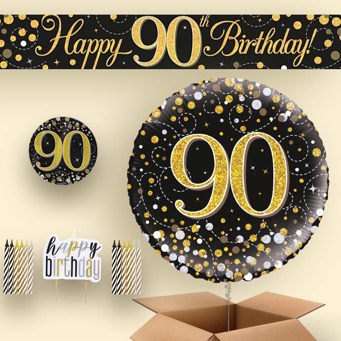 Black & Gold Helium Balloon and Decoration 90th Birthday Package