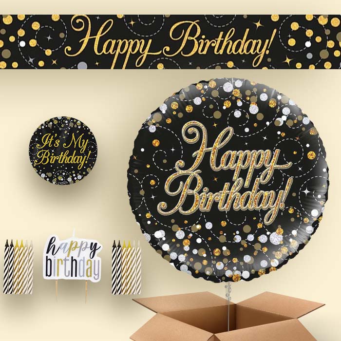 Black & Gold Helium Balloon and Decoration Happy Birthday Package