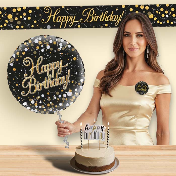 Black & Gold Helium Balloon and Decoration Happy Birthday Package | Party Save Smile