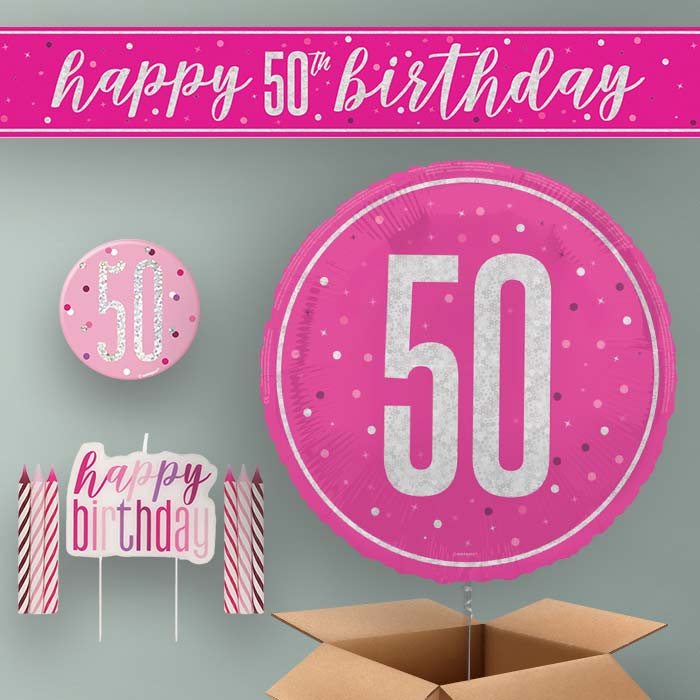 50th Birthday Helium Balloon & Decoration Package Hot Pink & Silver