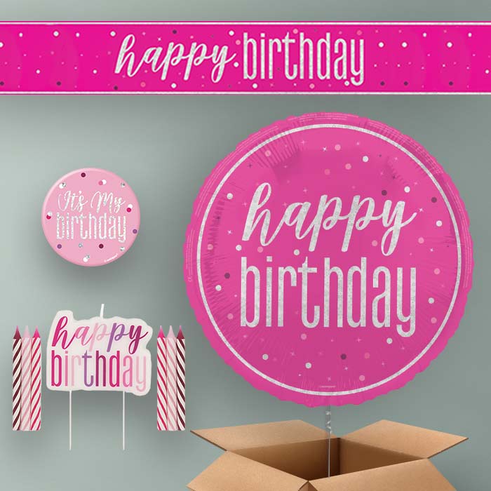 Birthday Helium Balloon & Decoration Package Hot Pink & Silver