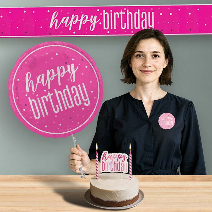 Birthday Helium Balloon & Decoration Package Hot Pink & Silver | Party Save Smile