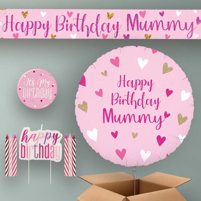 Mummy Birthday Helium Balloon & Decoration Package Pink Hearts