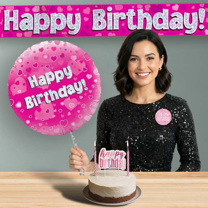 Birthday Helium Balloon & Decoration Package Pink Hearts | Party Save Smile