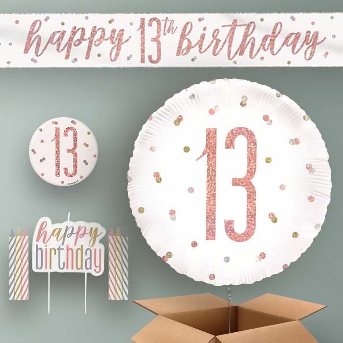 13th Birthday Helium Balloon & Decoration Package Rose Gold Holographic
