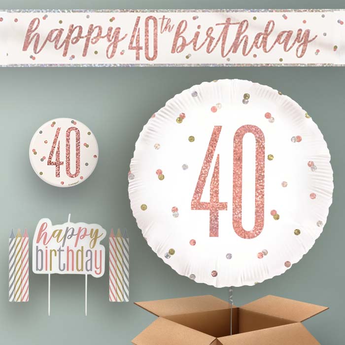 40th Birthday Helium Balloon & Decoration Package Rose Gold Holographic