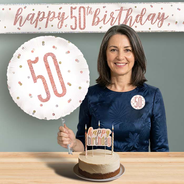 50th Birthday Helium Balloon & Decoration Package Rose Gold Holographic | Party Save Smile