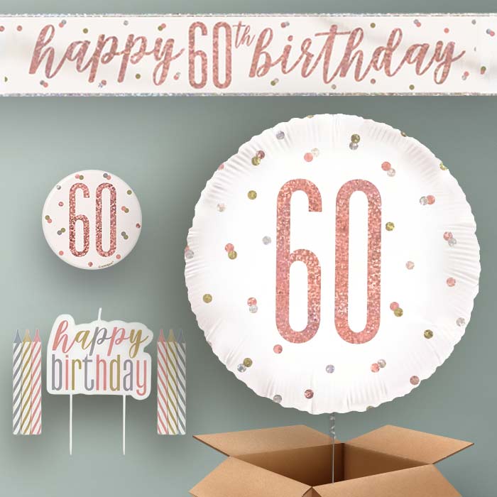 60th Birthday Helium Balloon & Decoration Package Rose Gold Holographic