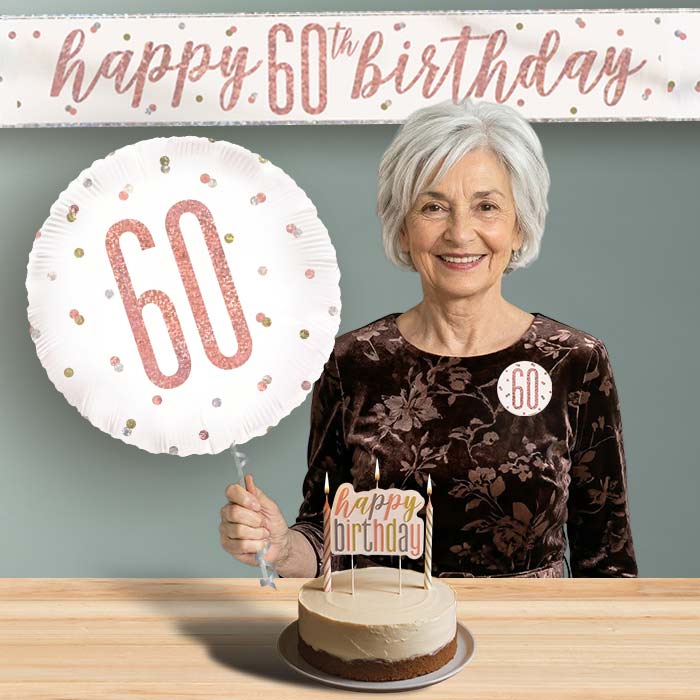 60th Birthday Helium Balloon & Decoration Package Rose Gold Holographic | Party Save Smile