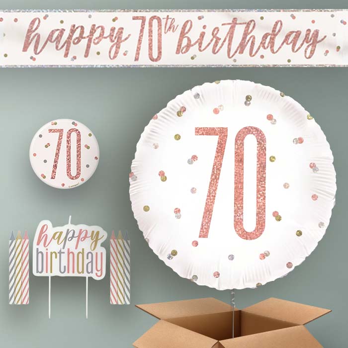 70th Birthday Helium Balloon & Decoration Package Rose Gold Holographic
