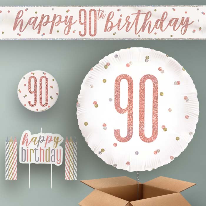 90th Birthday Helium Balloon & Decoration Package Rose Gold Holographic