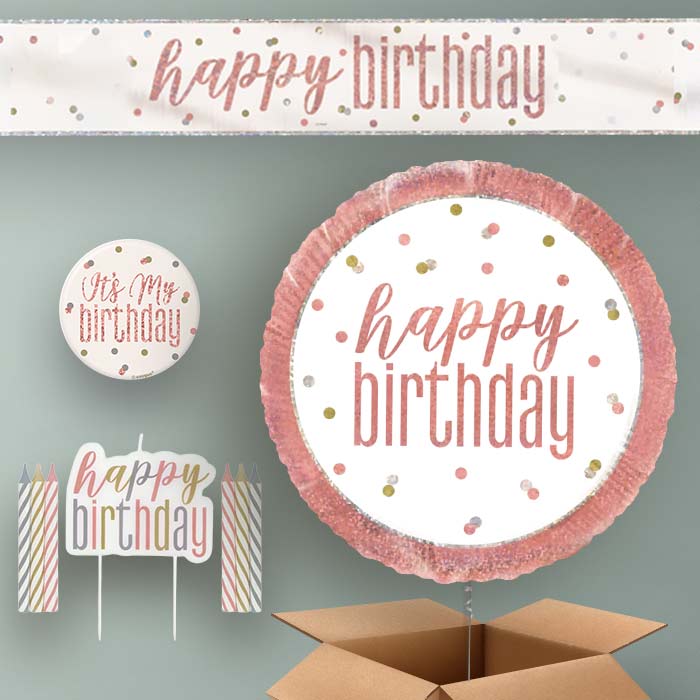 Birthday Helium Balloon & Decoration Package Rose Gold Holographic