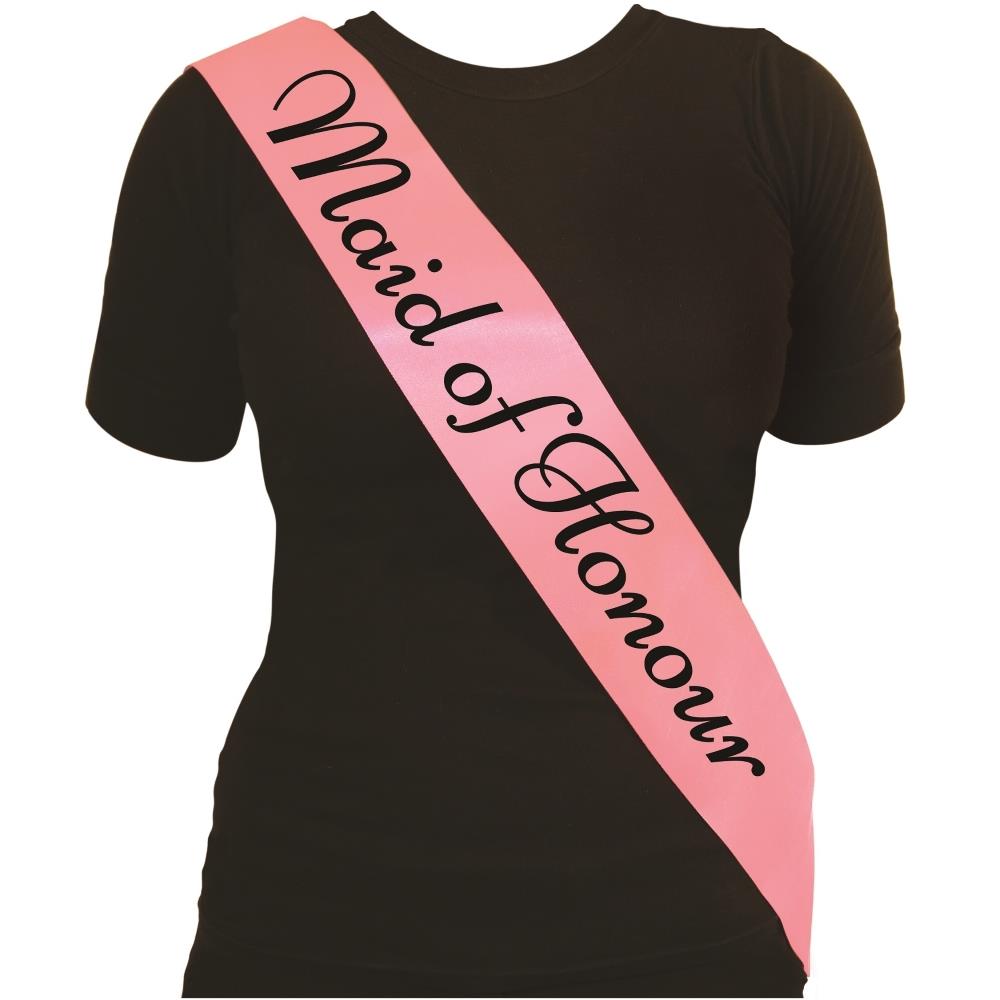 Maid of Honour Pink Sash w/ Black Text | Party Save Smile