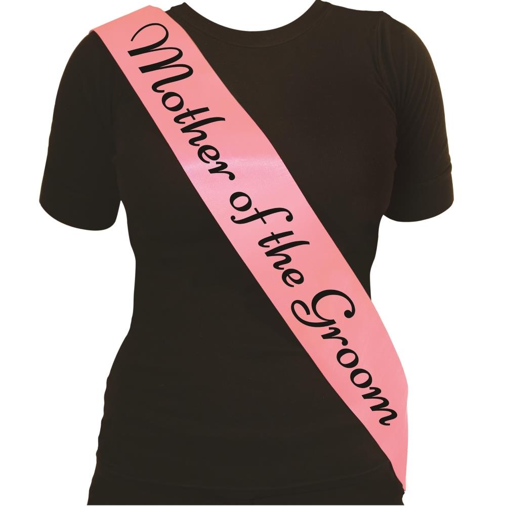 Pink Mother of the Groom Sash with Black Text | Party Save Smile