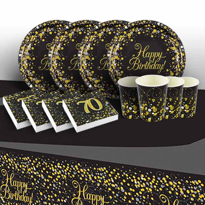 70th Birthday Tableware Pack - Black & Gold | Party Save Smile