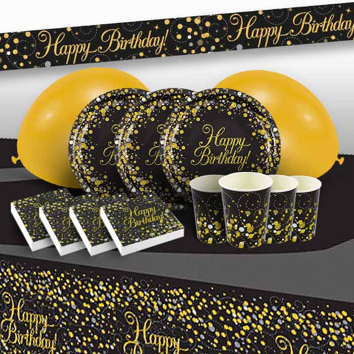 Black & Gold Birthday Party Pack: Tableware & Decoration Kit | Party Save Smile