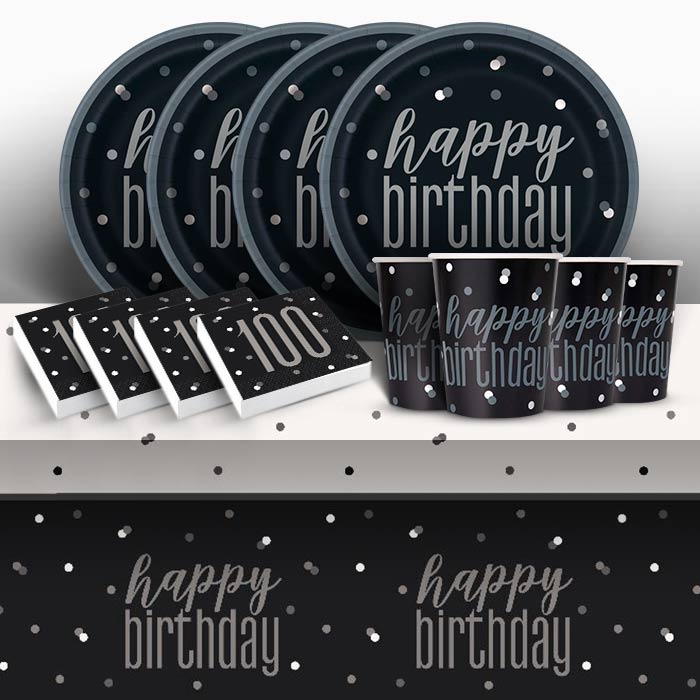 Black Glitz 100th Birthday Party Pack: Tableware Party Kit | Party Save Smile