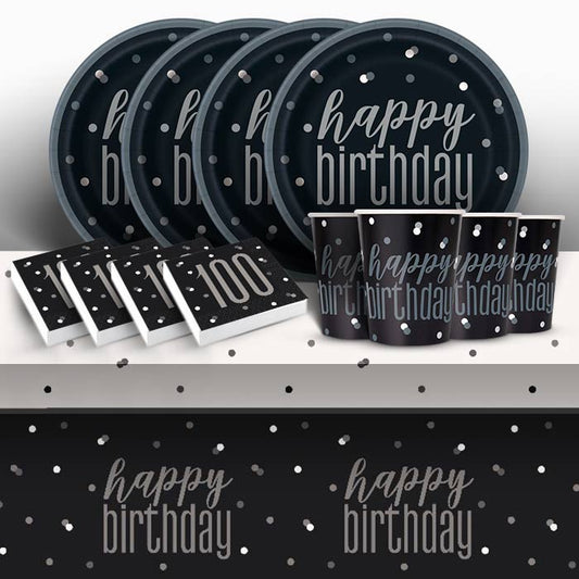 Black Glitz 100th Birthday Party Pack: Tableware Party Kit | Party Save Smile
