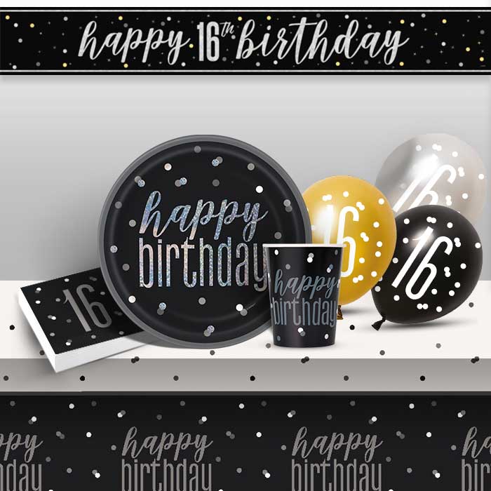 Black Glitz 16th Birthday Party Pack & Decoration Kit | Party Save Smile