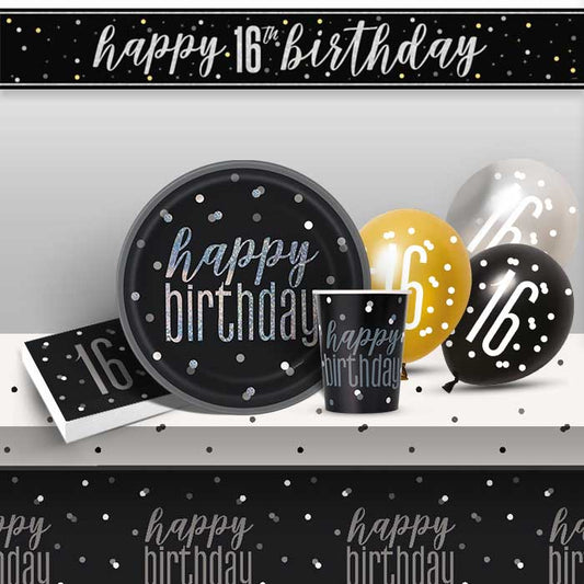 Black Glitz 16th Birthday Party Pack & Decoration Kit | Party Save Smile