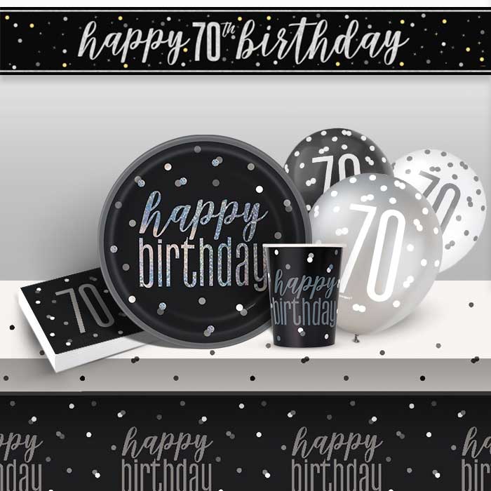 Black Silver 70th Birthday Party Pack: Tableware & Decorations Kit | Party Save Smile