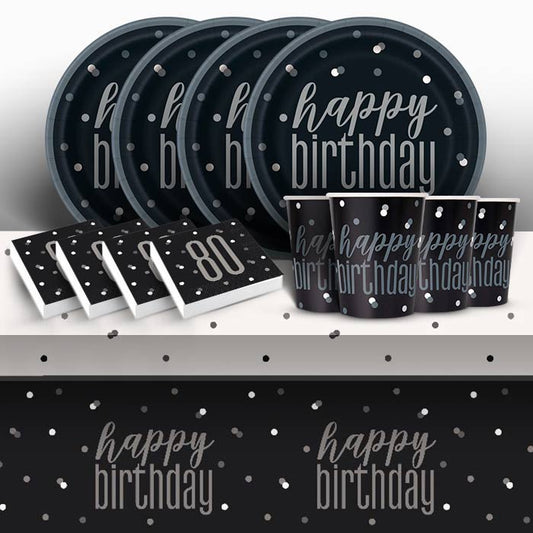 80th Birthday Napkins and Plates Pack - Black Silver | Party Save Smile