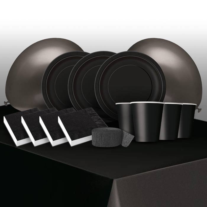 Solid Black Colour Party Pack: Tableware & Decoration Kit | Party Save Smile