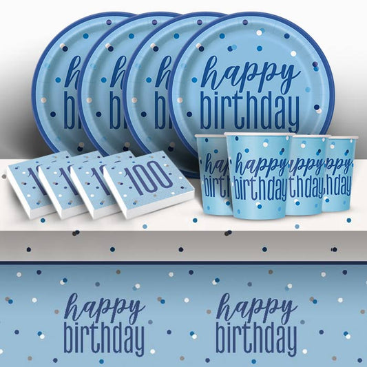Blue Glitz 100th Birthday Party Pack: Tableware Party Kit | Party Save Smile