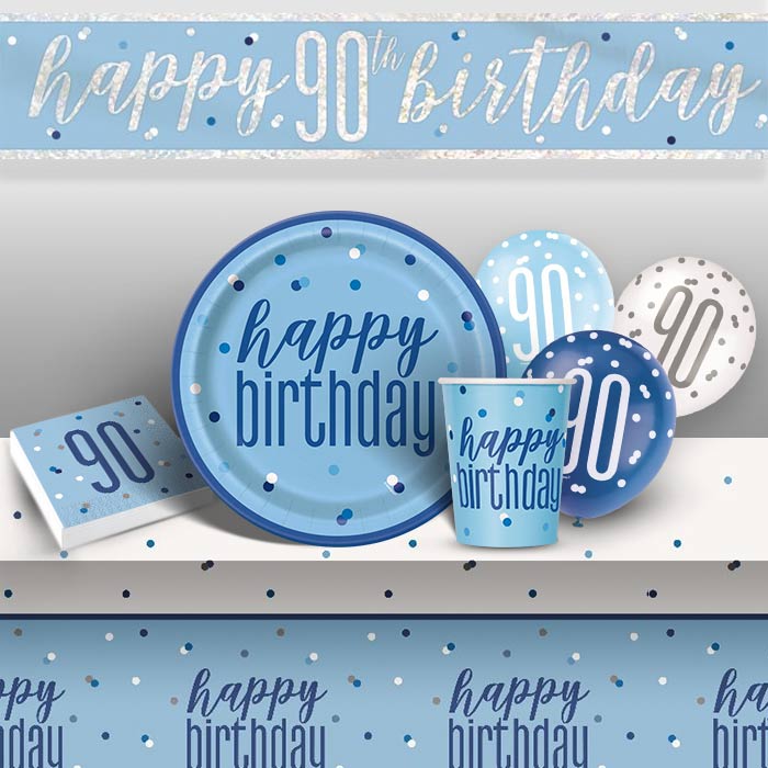 Blue & Silver 90th Birthday Party Pack: Tableware & Decor | Party Save Smile