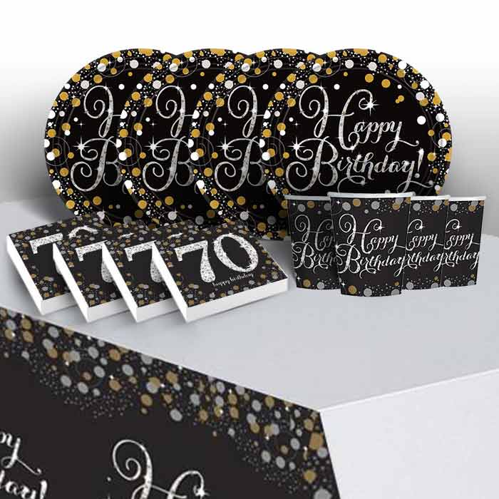 70th Birthday Plates and Napkins Pack - Gold Sparkle | Party Save Smile