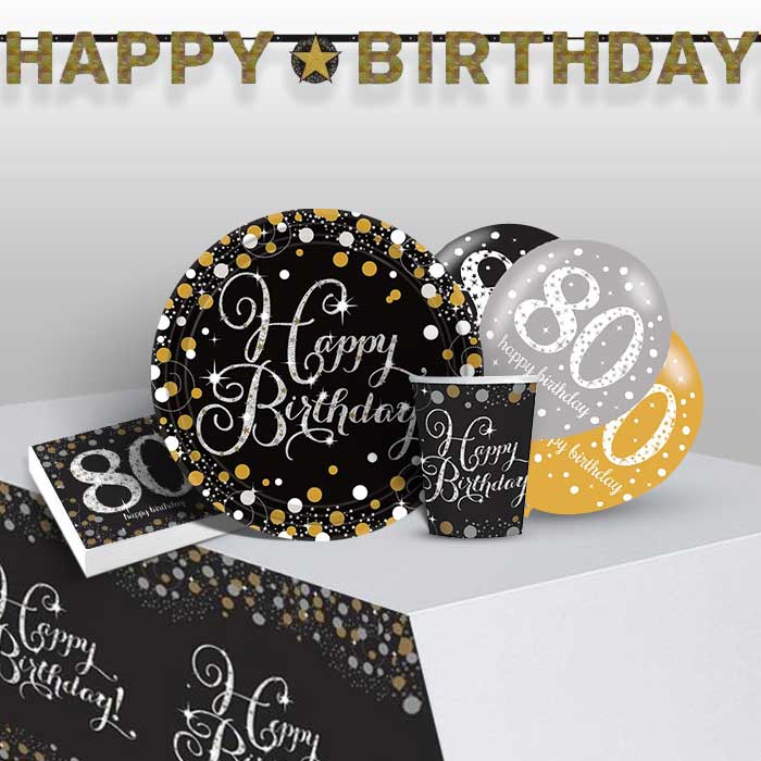 80th Birthday Plates and Napkins Pack - Gold Sparkle | Party Save Smile